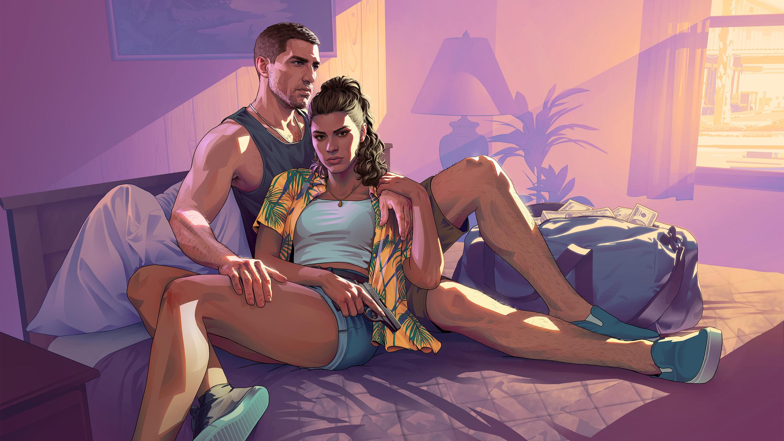 GTA 6 Lucia and Jason looking over Vice City at night